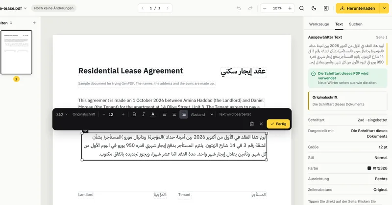 Der arabische Absatz zum Bearbeiten geöffnet, mit einem neuen Satz am Ende; die Seitenleiste zeigt, dass die eigene Schrift dieses PDFs (Zad) verwendet wird.