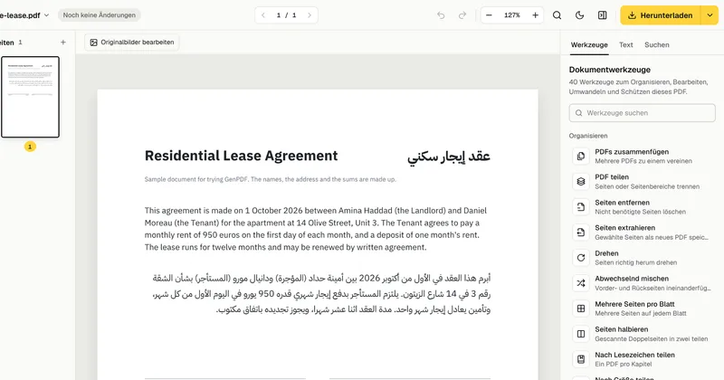 Ein Wohnungsmietvertrag im GenPDF-Editor; sein arabischer Absatz endet mit „باتفاق مكتوب“.