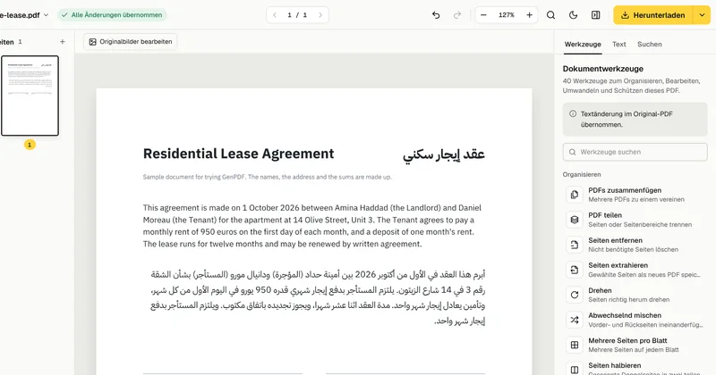 Die Seite nach der Änderung: Der arabische Absatz endet mit dem neuen Satz „ويلتزم المستأجر بدفع إيجار شهر واحد“.