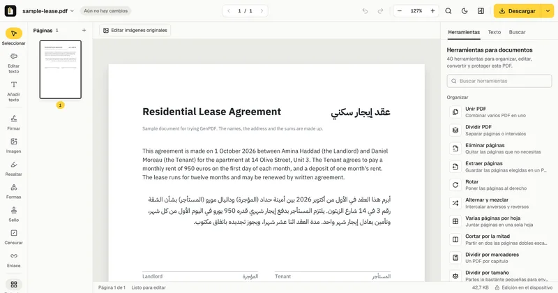 Un contrato de alquiler abierto en el editor de GenPDF; su párrafo en árabe termina con «باتفاق مكتوب».
