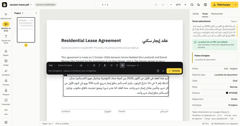 Le paragraphe arabe ouvert en modification, avec une nouvelle phrase à la fin ; le panneau indique que la police de ce PDF (Zad) est utilisée.