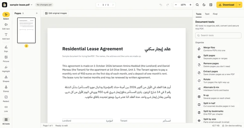 A residential lease open in the GenPDF editor; its Arabic paragraph ends with “باتفاق مكتوب”.