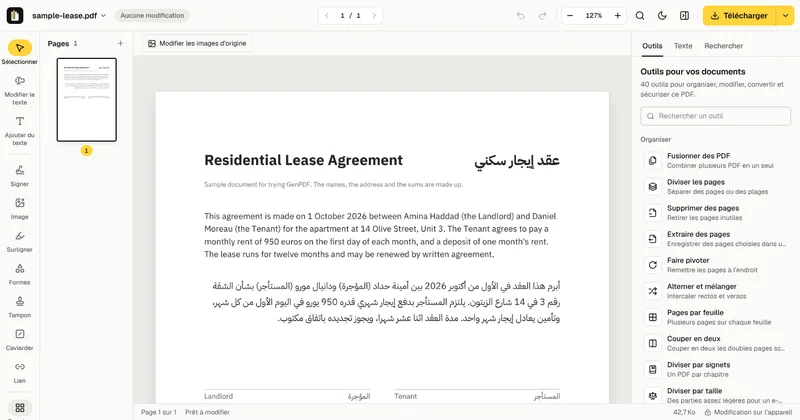 Un bail d'habitation ouvert dans l'éditeur GenPDF ; son paragraphe arabe se termine par « باتفاق مكتوب ».