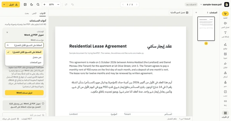 قائمة «نوع مستند Word» مفتوحة في GenPDF وفيها «الحفاظ على التنسيق (قابل للتعديل)» و«نص متصل» و«صور الصفحات»