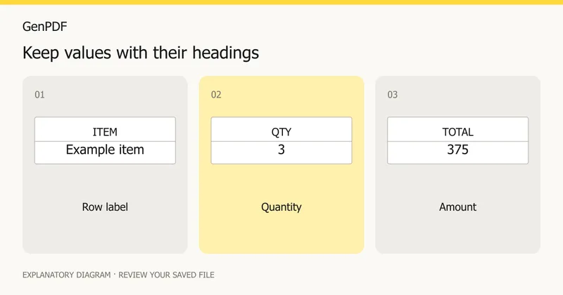 Table headings linked to an example item, quantity of three and total of 375