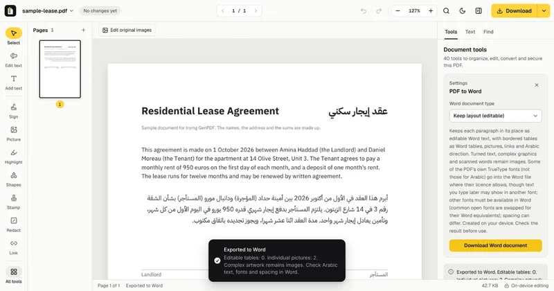 The Exported to Word message in GenPDF after converting the sample lease