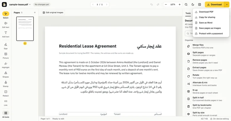 GenPDF’s Download options menu with Save as Word above a sample document in Arabic and English