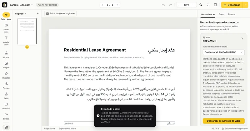 El mensaje «Exportado a Word» en GenPDF tras convertir el contrato de ejemplo, con el recuento de tablas e imágenes