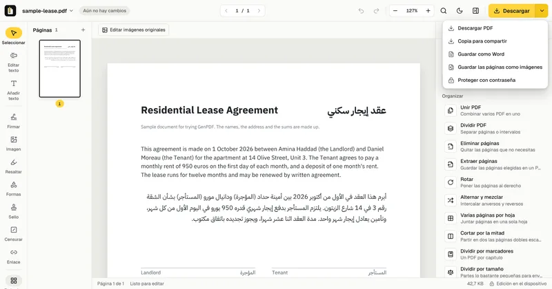 El menú de descarga de GenPDF con Guardar como Word sobre un contrato de ejemplo en árabe e inglés