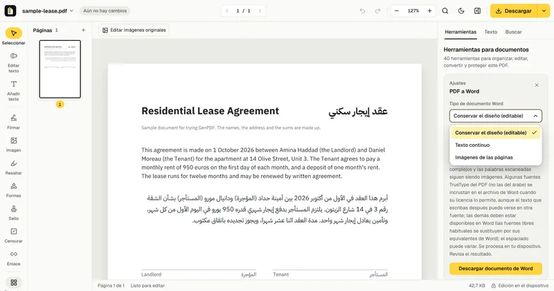 El menú Tipo de documento Word en GenPDF, con Conservar el diseño (editable), Texto continuo e Imágenes de las páginas