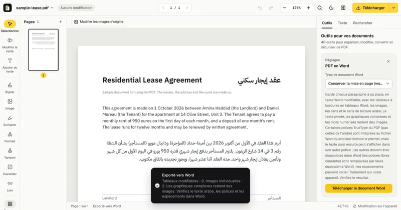 Le message Exporté vers Word dans GenPDF après la conversion du bail d’exemple