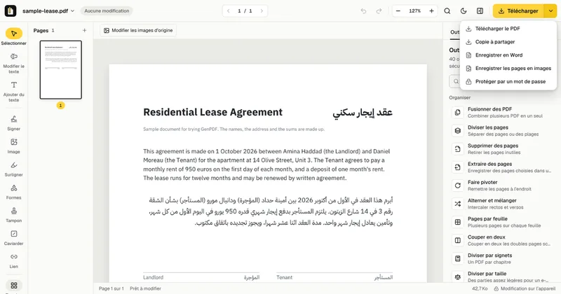 Le menu Options de téléchargement de GenPDF, avec Enregistrer en Word au-dessus d’un bail d’exemple