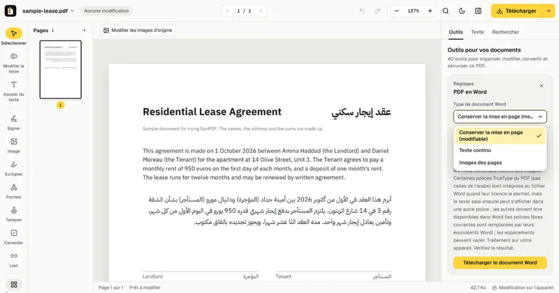 Le menu Type de document Word : Conserver la mise en page (modifiable), Texte continu, Images des pages