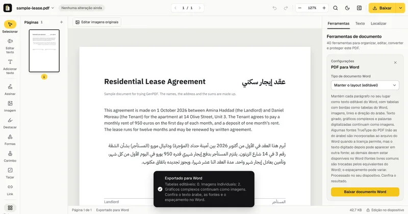 A mensagem Exportado para Word no GenPDF depois da conversão do contrato de exemplo, com a contagem de tabelas e imagens