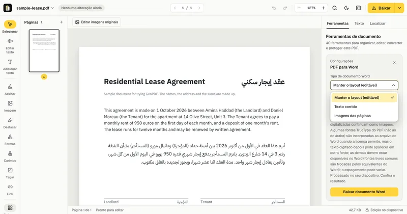 Menu dos tipos de documento Word na interface em português do GenPDF