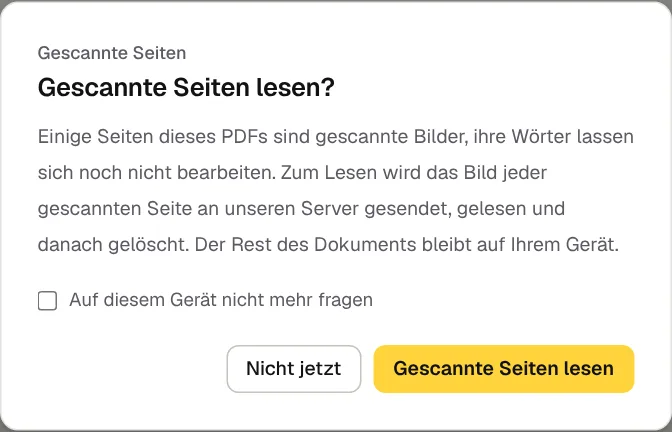 Die Abfrage „Gescannte Seiten lesen?“ in GenPDF mit den Schaltflächen „Nicht jetzt“ und „Gescannte Seiten lesen“