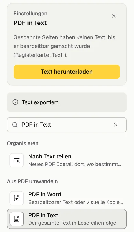 Das Werkzeug „PDF in Text“ in GenPDF nach dem Export, darunter die Meldung „Text exportiert“