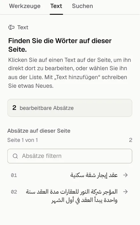 Der Reiter „Text“ in GenPDF mit zwei arabischen Absätzen der Testdatei, die Filterzeile „Absätze filtern“ darüber