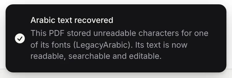The Arabic text recovered message in GenPDF, saying the PDF stored unreadable characters for one of its fonts