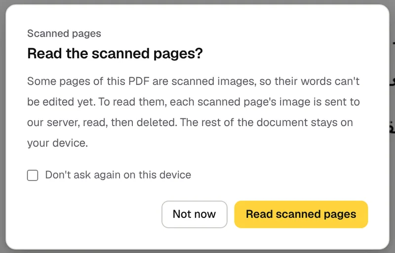 The Read the scanned pages? message in GenPDF, saying each scanned page's image is sent to the server, read, then deleted