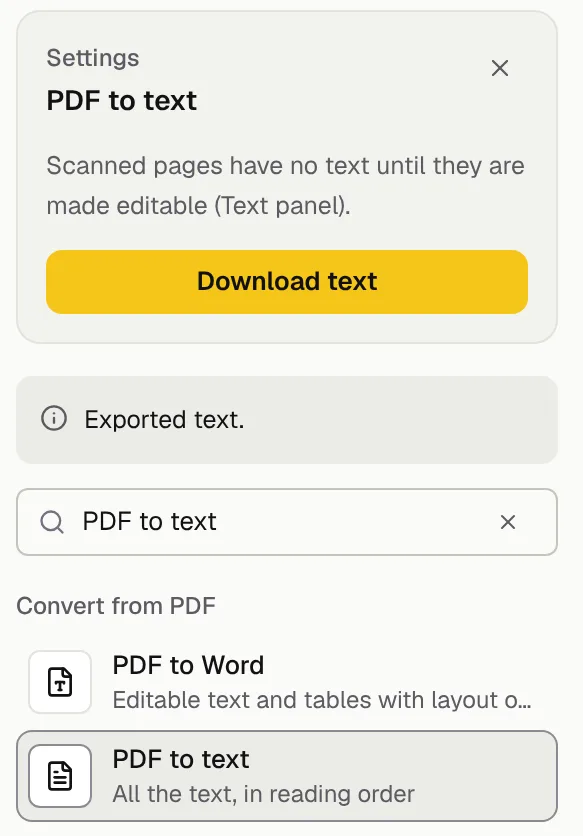 The PDF to text panel in GenPDF after the export, with the Exported text message