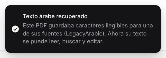El mensaje «Texto árabe recuperado» de GenPDF, que avisa de que el PDF guardaba caracteres ilegibles para una de sus fuentes