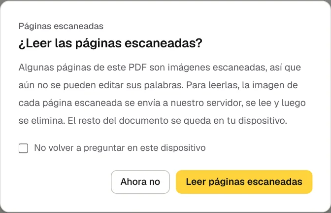 El cuadro «¿Leer las páginas escaneadas?»: la imagen de cada página se envía al servidor, se lee y se elimina