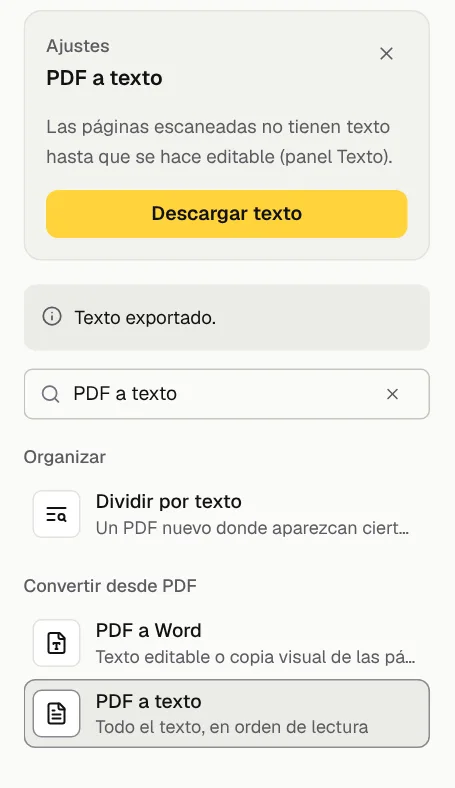 El panel PDF a texto de GenPDF tras la exportación, con el mensaje «Texto exportado» y la herramienta resaltada en la lista