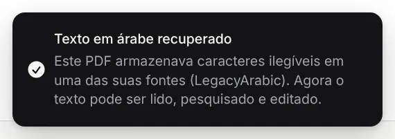 A mensagem Texto em árabe recuperado no GenPDF, dizendo que o PDF guardava caracteres ilegíveis em uma de suas fontes