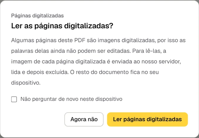 A mensagem Ler as páginas digitalizadas? no GenPDF: a imagem de cada página vai ao servidor, é lida e excluída