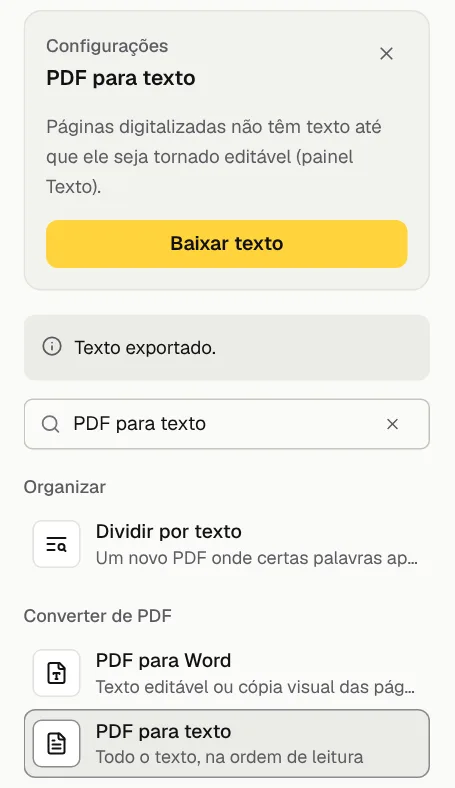 O painel PDF para texto do GenPDF depois da exportação, com a mensagem Texto exportado