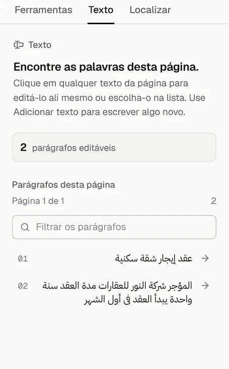 Painel Texto do GenPDF com a lista de parágrafos da página: dois parágrafos em árabe do arquivo de teste, já legíveis