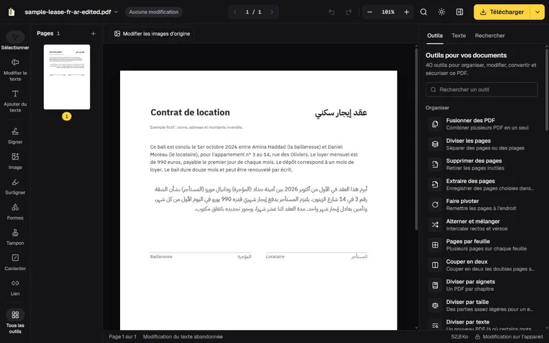 PDF français-arabe rouvert dans GenPDF après téléchargement, avec les deux montants corrigés