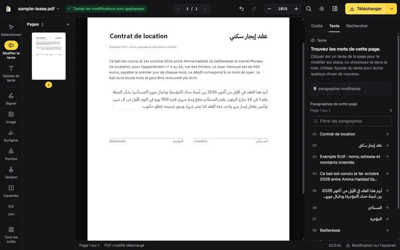 Bail fictif ouvert dans GenPDF avec le français au-dessus de l’arabe et un loyer de 950 euros