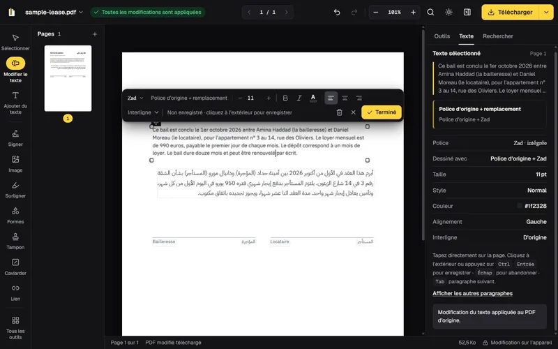 Modification du montant français dans GenPDF, avec la barre de mise en forme et les réglages de police