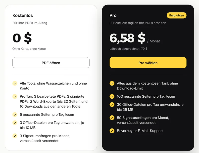 Die Karten „Kostenlos“ und „Pro“ auf der Preisseite von GenPDF mit den Tageslimits und Preisen in US-Dollar