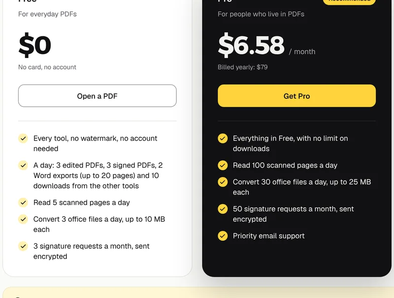 The Free and Pro plan cards on GenPDF's pricing page, with the daily limits and the prices in US dollars