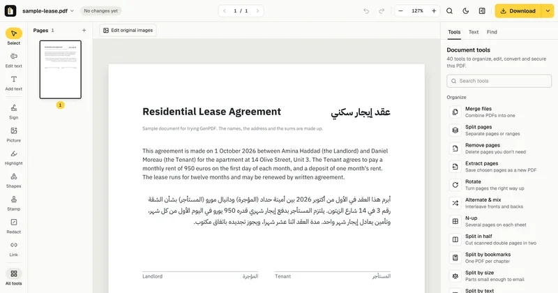 The GenPDF editor open on a sample lease with no sign-in, with On-device editing at the bottom of the screen