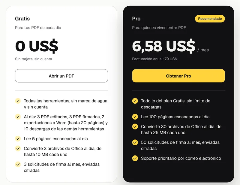 Las tarjetas de los planes Gratis y Pro en la página de precios de GenPDF, con los límites diarios y los precios en dólares