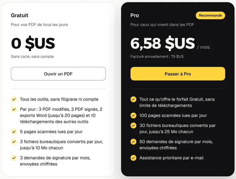 Les cartes des forfaits Gratuit et Pro sur la page des tarifs de GenPDF, avec les limites quotidiennes et les prix en dollars