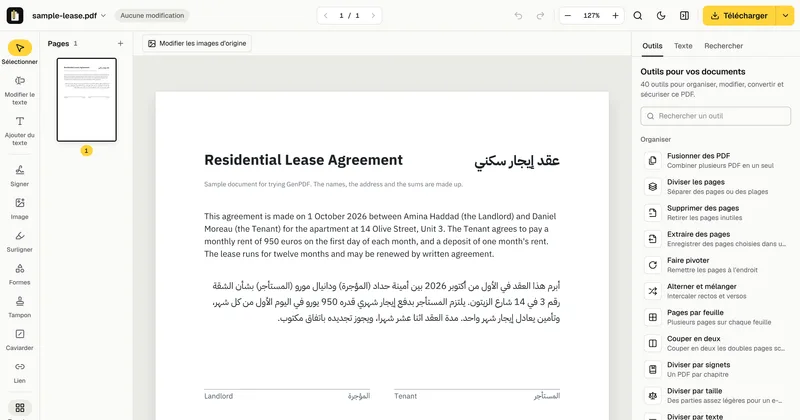 L’éditeur GenPDF ouvert sur un bail d’exemple sans connexion, avec Modification sur l’appareil en bas de l’écran