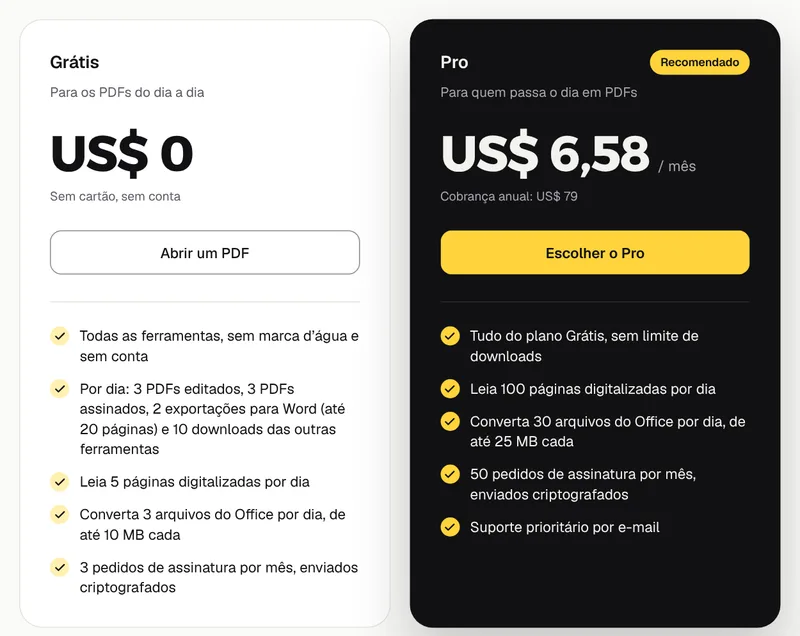 Os cartões dos planos Grátis e Pro na página de preços do GenPDF, com os limites diários e os valores em dólares americanos