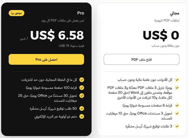 بطاقتا الخطة المجانية وخطة Pro في صفحة أسعار GenPDF، وفيهما الحدود اليومية والأسعار بالدولار