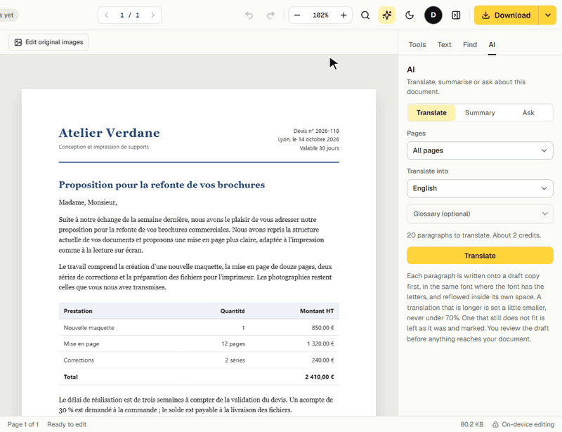 A French quote translated into English in GenPDF: the draft reviewed, then applied to the page