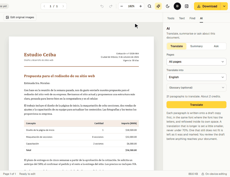 A Spanish quote from Mexico translated into English in GenPDF: the draft reviewed, then applied to the page