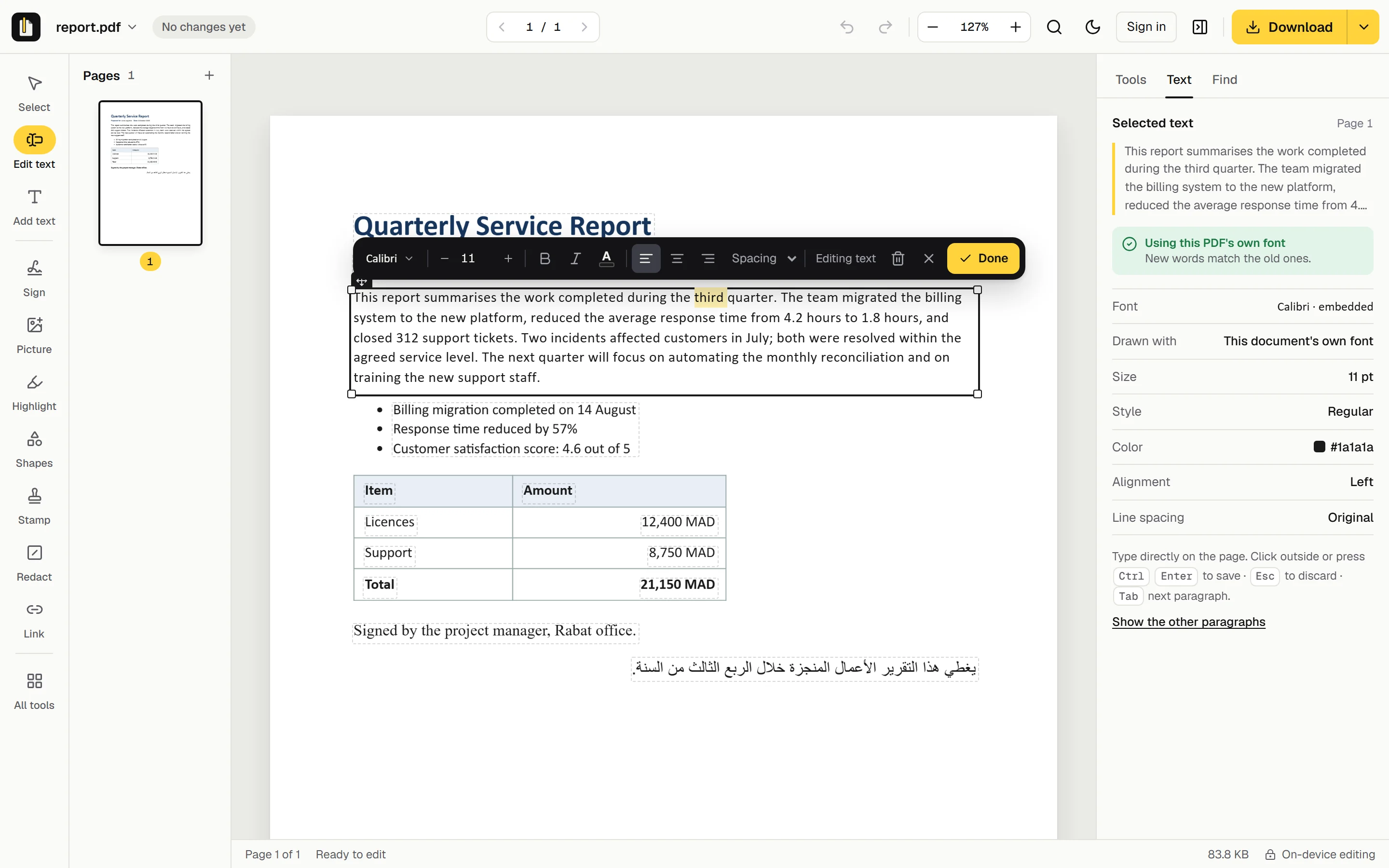 The GenPDF editor: a paragraph being edited in the document's own font, with the format bar above it and the font panel beside it.